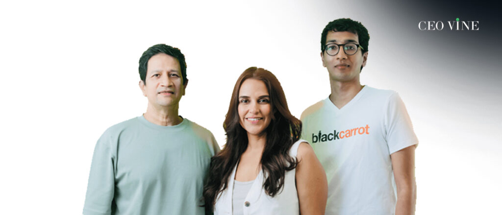 BlackCarrot co-founders Yadupati Gupta and Vishal Gupta with Neha Dhupia
